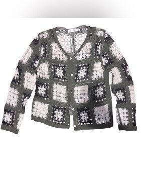 Granny Square Crochet Plaid Button-Front Cardigan Sweater - Olive/White Womens L